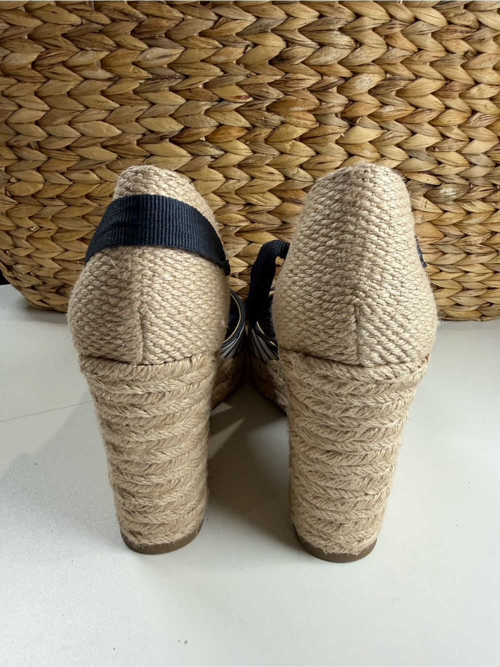 Striped Navy and White Espadrille Wedge Sandals - Women - Picture 3 of 4